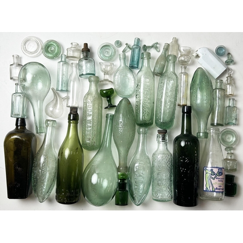 31 - MIXED GLASS GROUP. Tallest 11.5ins. Inc. Inks, wines, gin, flask, eye baths, stoppers etc. Norwich, ... 