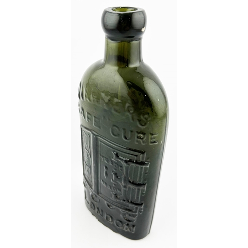 4 - WARNERS SAFE CURE LONDON. 7.25ins. Deep Olive green glass, heavy with safe motif embossed to front. ... 