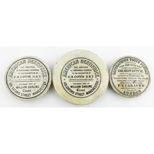 54 - POT LID TRIO. Largest 4.5ins. 2 x MANCHESTER, AMERICAN DENTIFRICE lids plus LONDON F S. CLEAVER DR B... 