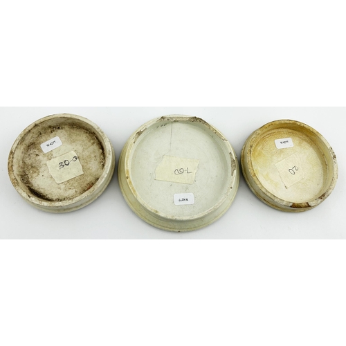 54 - POT LID TRIO. Largest 4.5ins. 2 x MANCHESTER, AMERICAN DENTIFRICE lids plus LONDON F S. CLEAVER DR B... 