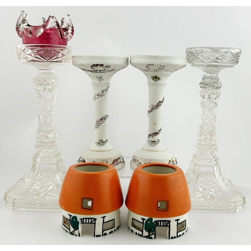 59 - NIGHT LIGHT HOLDERS GROUP. Tallest 9ins. Two glass stems, two porcelain, plus toppers. Damages. (7) ... 