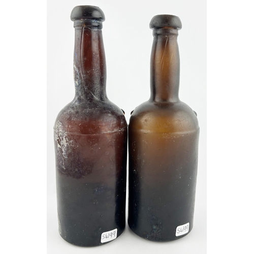 66 - RIBBON SEALED LIQUEUR BOTTLES DUO. 9ins tall. Deep amber/ red with applied ribbon seal PETERS, base ... 