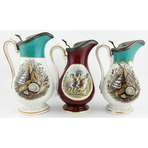 69 - PRATT WARE JUG TRIO. Tallest 8ins. Pewter lid, double sided transfer. Inc. KM 638 & KM 710. Surface ... 