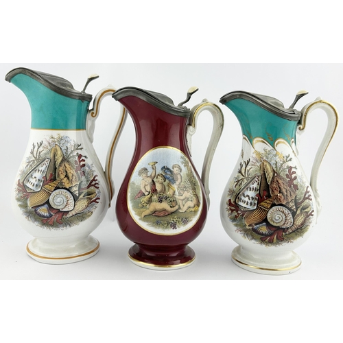 69 - PRATT WARE JUG TRIO. Tallest 8ins. Pewter lid, double sided transfer. Inc. KM 638 & KM 710. Surface ... 