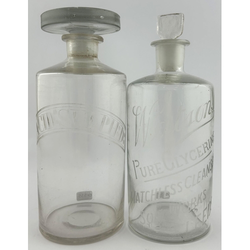 74 - CHEMIST JAR DUO. Tallest 7.5 ins. Clear glass, acid etched. ACID SULPH:D & WATSONS/ PURE GLYCERINE/ ... 