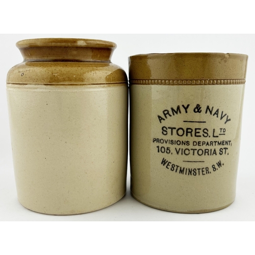 78 - KITCHEN JAR DUO. Tallest 5.5ins. WESTMINSTER/ ARMY & NAVY plus one plain. Minor chip. (2)