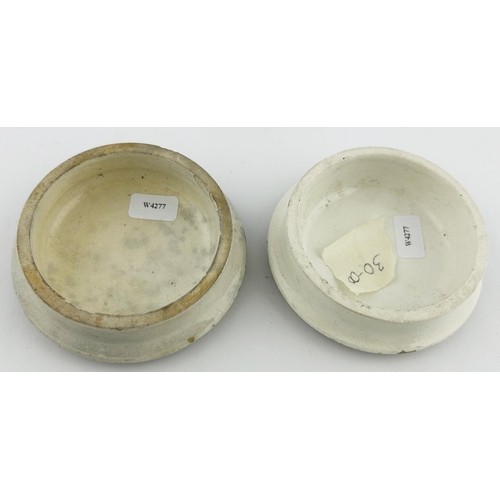 83 - JOHN GOSNELL POT LID DUO. Largest 3.25ins. Two very slight different designs & colours. Chips. (2)