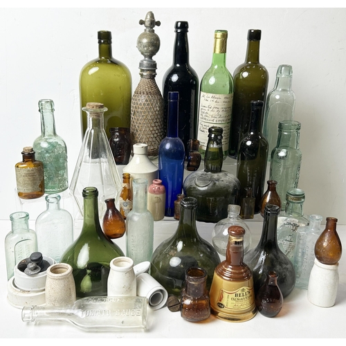 85 - MIXED GLASS GROUP. Tallest 12ins. Inc. Meat juices, chemist bottles, wines etc. CLEVEDON & PARIS. Da... 