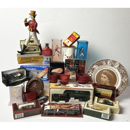 86 - MIXED BREWERIANA GROUP. Inc. Boxed cars, JOHNNIE WALKER jugs, adv figure, candle holders, ashtrays e... 