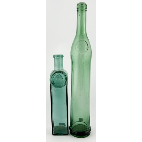 87 - ZARA SEAL BOTTLES DUO. Tallest 14ins. One square, one circular body, both with seals. V good. (2)