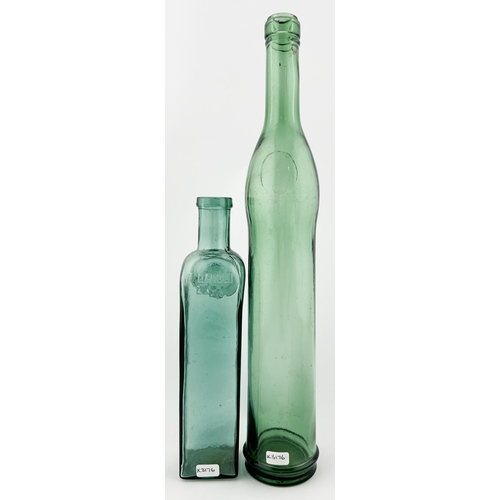 87 - ZARA SEAL BOTTLES DUO. Tallest 14ins. One square, one circular body, both with seals. V good. (2)