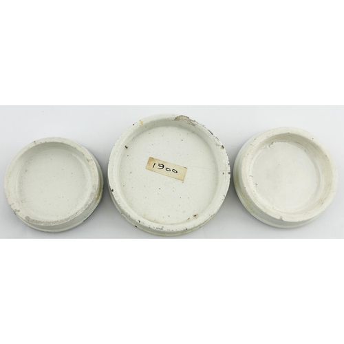 214 - COLD CREAM LIDS TRIO. Largest 3ins. Spot the rarity. Minor nibble. (3)