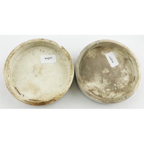 301 - COLD CREAM LIDS DUO. Largest 2.75ins. LEWIS & BURROWS LTD/ LONDON. Damages. (2)