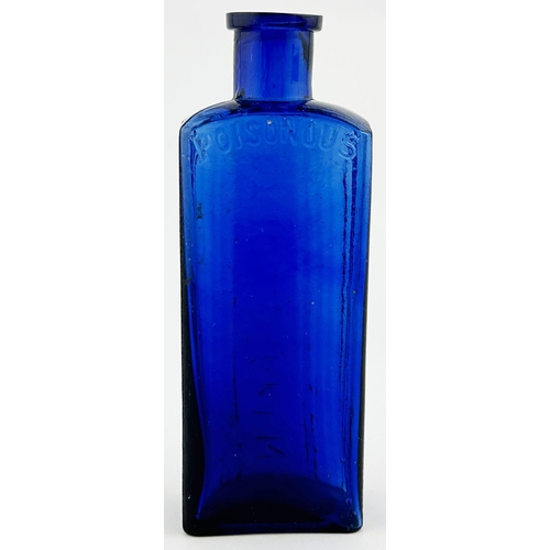 337 - POISON BOTTLE. 5ins tall. Cobalt blue glass, vertically ribbed, embossed NOT TO BE TAKEN. POISONOUS ... 