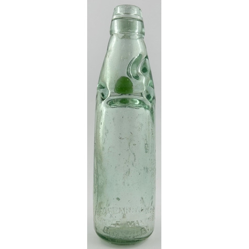 344 - LEITH GREEN MARBELLED CODD BOTTLE. 9ins tall. Embossed W CURRIE & CO with cockerel to centre. Slight... 