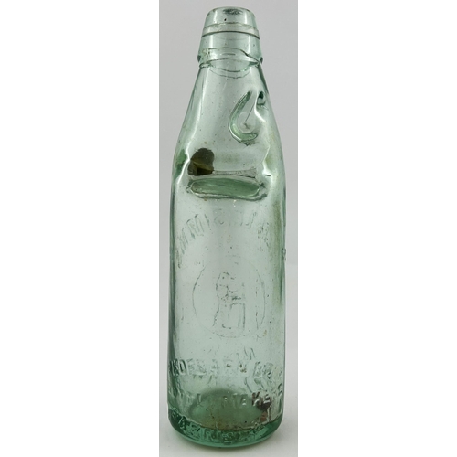 347 - WALSALL GREEN MARBELLED CODD BOTTLE. 9ins tall. Heavily embossed ALFRED SIMMS with bear pict to cent... 