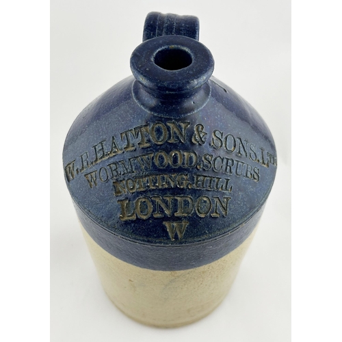 363 - IMPRESSED LONDON FLAGON. 12.5ins tall. Blue top, rear handle. WR HATTON & SONS LTD/ WORMWOOD SCRUBS.... 