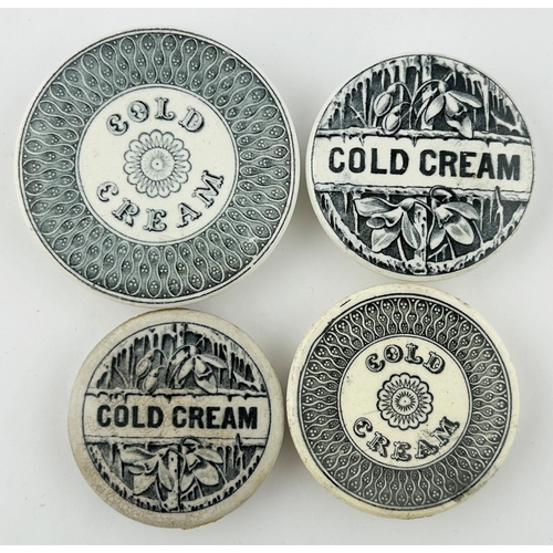 364 - COLD CREAM POT LID GROUP. Largest 3ins diam. 2 different designs. Repairs & damages. (4)