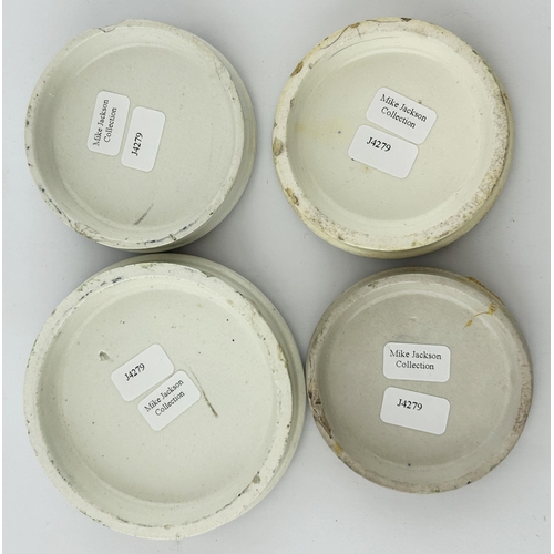 364 - COLD CREAM POT LID GROUP. Largest 3ins diam. 2 different designs. Repairs & damages. (4)