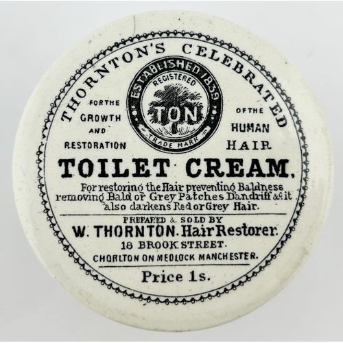 367 - MANCHESTER TOILET CREAM POT LID & BASE. 3ins diam. Striking transfer. THORNTONS. Several lines of wr... 