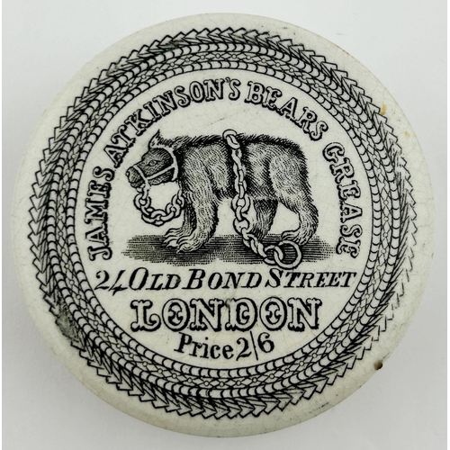 368 - BEARS GREASE POT LID. 2.5ins diam. JAMES ATKINSONS/ PRICE 2/6. Great central image of bear. Repaired... 