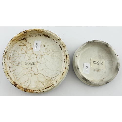 372 - MRS HALES POT LID DUO. Largest 4ins. Minor difference in designs. Damages & staining. (2)