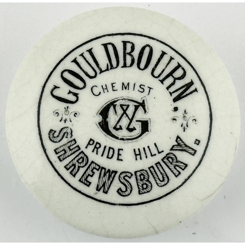 394 - SHREWSBURY CHEMIST POT LID. (APL pg 557, 9). 2ins diam. GOULDBOURN/ PRIDE HILL/ SHREWSBURY. White bu... 