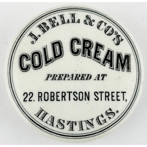 395 - HASTINGS COLD CREAM POT LID. (APL pg 598, 87). 2.9ins diam. Black transfer. J BELL & CO?S/ COLD CREA... 