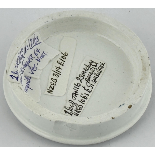 400 - LONDON COLD CREAM POT LID. (APL pg 378, 17a). 2.7ins diam. Blue transfer. IMPROVED COLD CREAM OF ROS... 