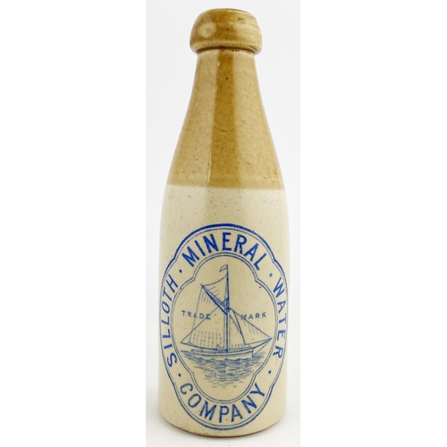 516 - SILLOTH GINGER BEER BOTTLE. 8ins tall, ch., t.t., blue transfer, SILLOTH MINERAL WATER/ COMPANY. Lar... 