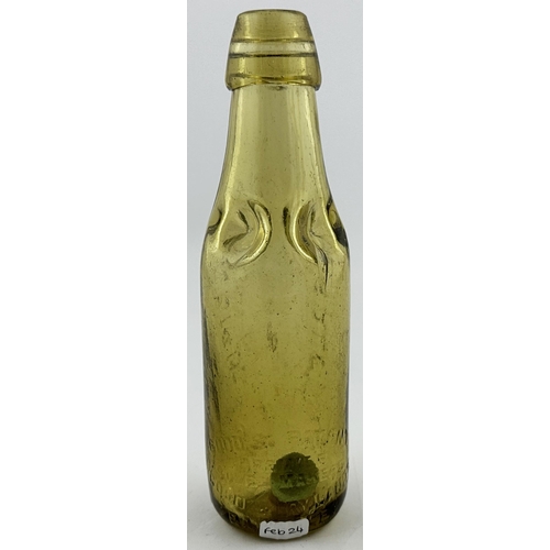 524 - LEIGH & CO SALFORD PREMIER PATENT CODD BOTTLE. 7.4ins tall. Mid amber 6oz Premier patent with 4 dist... 