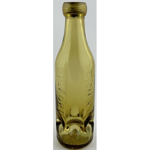 526 - LEIGH & CO SALFORD SYKES MACVAY PATENT CODD BOTTLE. 8.9ins tall. Bright light golden amber 10oz Syke... 