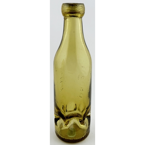 526 - LEIGH & CO SALFORD SYKES MACVAY PATENT CODD BOTTLE. 8.9ins tall. Bright light golden amber 10oz Syke... 