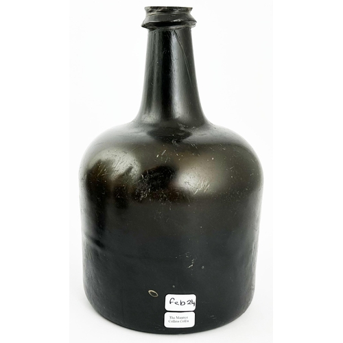 528 - ENGLISH SEALED MALLET WINE BOTTLE. 7.6ins tall, black, dense dark brown glass. Classic short necked,... 