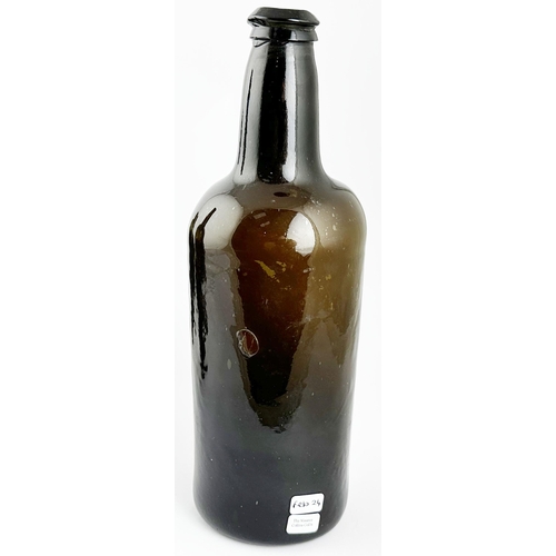 532 - ENGLISH 1800 DATED SEALED FREEBLOWN CYLINDER WINE BOTTLE. 10.6ins tall,black/ dark brown-green glass... 