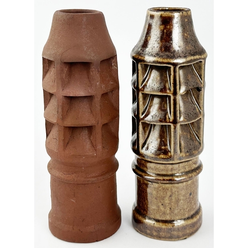 540 - TRADESMANS SAMPLE MINIATURE CHIMNEY POT DUO. 5ins tall, both similar designs. One shiny, very varied... 