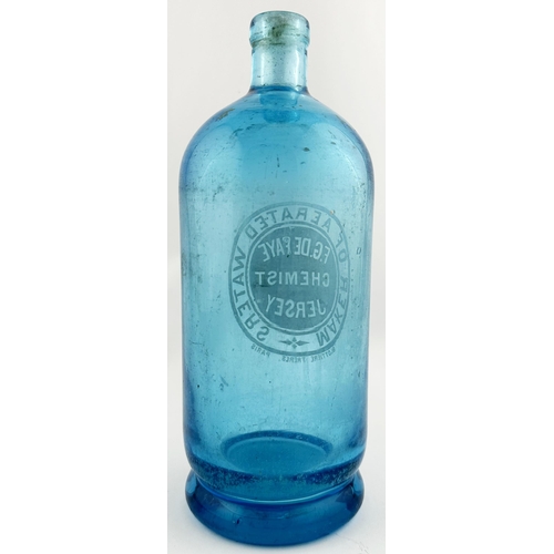 552 - JERSEY SODA SYPHON. 9.7ins tall. Mid blue syphon, minus top, straight sides, rounded flared foot. Ac... 