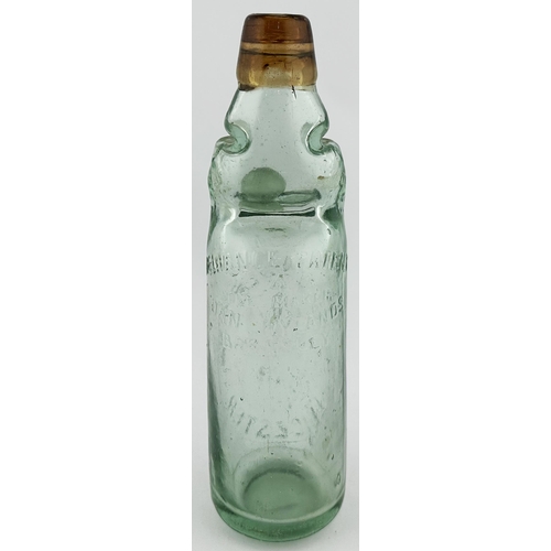 554 - S QUINCEY LEICESTER COLORED LIP CODD BOTTLE. 9.1ins tall. Reliance patent (rear details), front flue... 