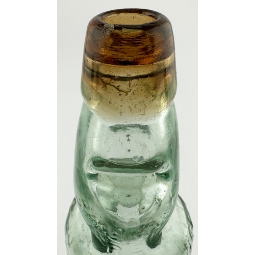 554 - S QUINCEY LEICESTER COLORED LIP CODD BOTTLE. 9.1ins tall. Reliance patent (rear details), front flue... 