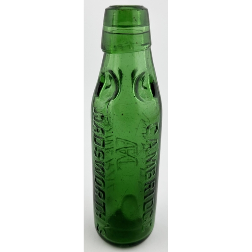 556 - WADSWORTHS CAMBRIDGE PREMIER PATENT CODD BOTTLE. 7.3ins tall. Bright emerald green 6oz bottle with 4... 