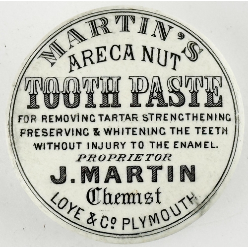 562 - PLYMOUTH POT LID. (APL pg 87, 73) ?? ins diam. Black transfer. MARTINS ARECA NUT TOOTH PASTE/ LOYE &... 