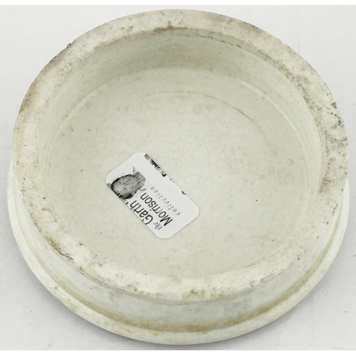 562 - PLYMOUTH POT LID. (APL pg 87, 73) ?? ins diam. Black transfer. MARTINS ARECA NUT TOOTH PASTE/ LOYE &... 