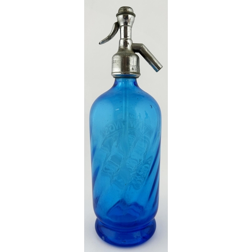 570 - RAWLINGS SODA SYPHON. 12ins tall to trigger top. Light blue glass, footed base. Etched RAWLINGS with... 