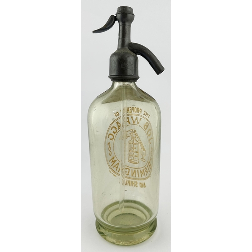 572 - JOB WRAGG BIRMINGHAM SODA SYPHON. 12ins tall to trigger top. Light lime green glass, footed base. Br... 