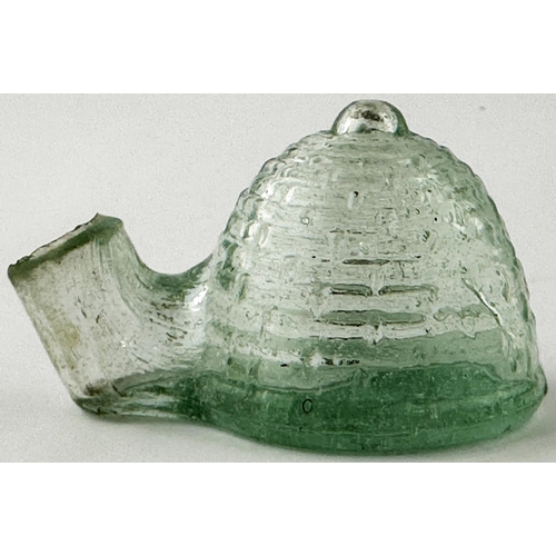 573 - BEEHIVE INK BOTTLE. (IB p45 14). 1.8ins tall. Aqua glass Beehive figural with detailed embossing. Di... 