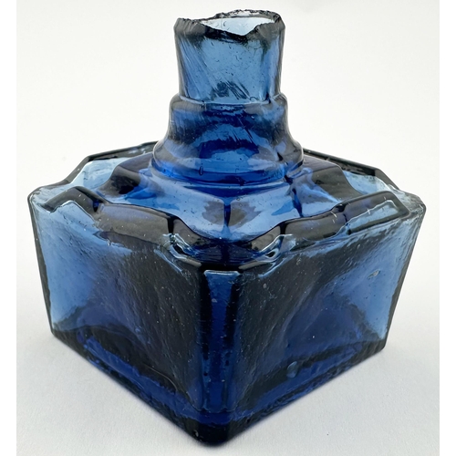 577 - SQUARE INK BOTTLE. (IB p130, 12) 2.3ins tall. Cobalt blue, square body, four pen rests, sheared lip.... 