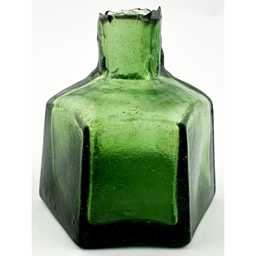 579 - HEXAGONAL INK BOTTLE. (IB p246, M35.24) 2.2ins tall. Six-sided, narrowing to domed shoulders. Emboss... 