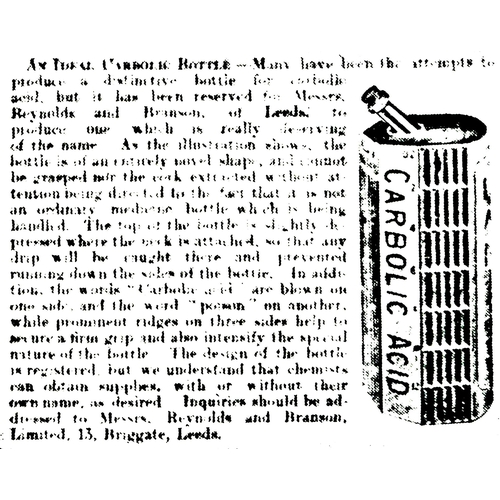 602 - REYNOLDS & BRANSON CARBOLIC ACID PATENT POISON BOTTLE. (DP p147) ins tall. Aqua in colour, very clea... 