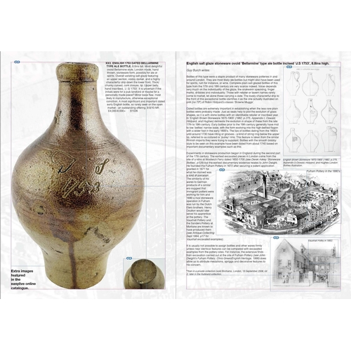 603 - ENGLISH 1753 DATED BELLARMINE TYPE ALE BOTTLE. 8.8ins tall. Most delightful ovoid Bellarmine style, ... 