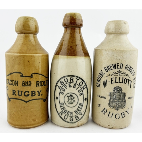 148 - RUGBY GINGER BEER TRIO. Tallest 7.25ins. Inc. BURTON, ELLIOTT plus DEACON & RIDLEY. Hairline & nibbl... 